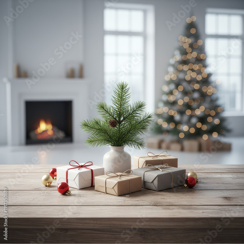 Christmas gifts on wooden table with fir branch