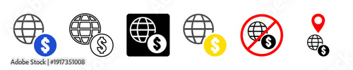 set global economy line or glyph with not allowed vector for crisis themes. Ideal for sanction graphics, trade ban icons, and financial restriction maps. Symbolizes blocked markets.