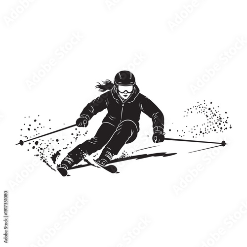 Female skier in downhill motion icon Silhouette vector black on a white background