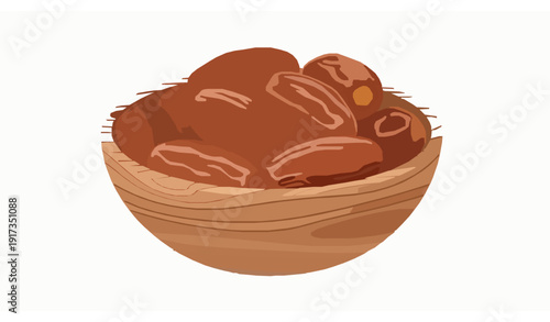 Dates fruit in wooden bowl vector illustration sweet dried food isolated
