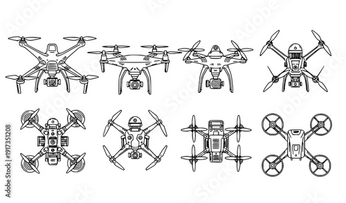 Top view quadcopter drone collection aerial photography UAV outline vector set