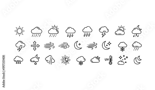Linear weather forecast web icons editable stroke climate meteorology vector collection