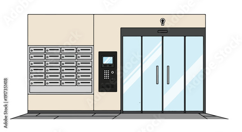 An illustration of a public area with a vending machine and a CCTV camera above the automatic sliding glass doors.