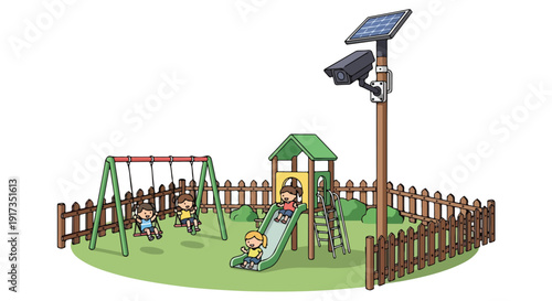 A fenced public playground area with children playing on swings and a slide under the surveillance of a CCTV camera with solar panel