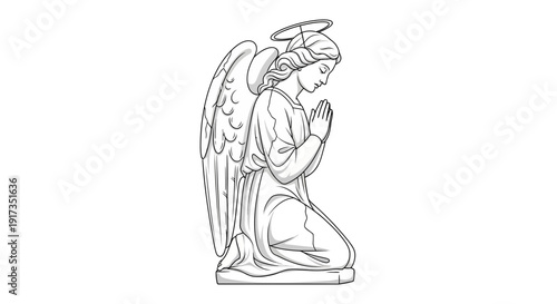 Angel Statue Kneeling Praying with Halo and Wings, Religious Sculpture Line Art