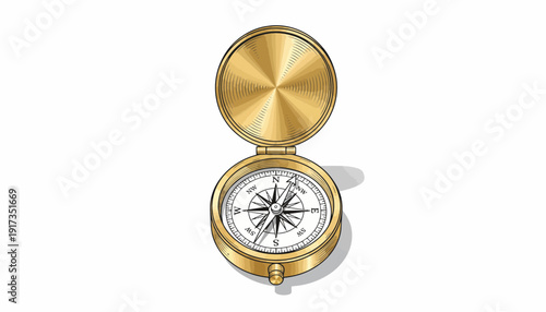 Antique Brass Compass Open, Nautical Navigation Tool, Isolated on White Background