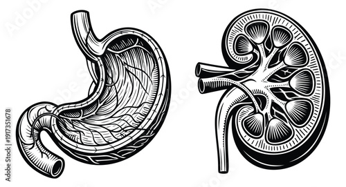 Hand drawn line art human internal organs set featuring stomach and kidney cross-sections for medical and biological education