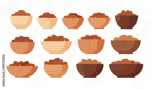 Wooden bowls with dates fruit vector collection natural sweet food set