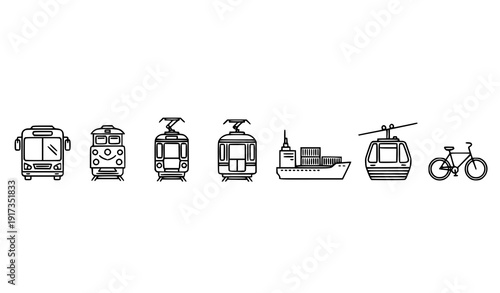 Iconic transportation symbols collection editable stroke transit vehicle vector set
