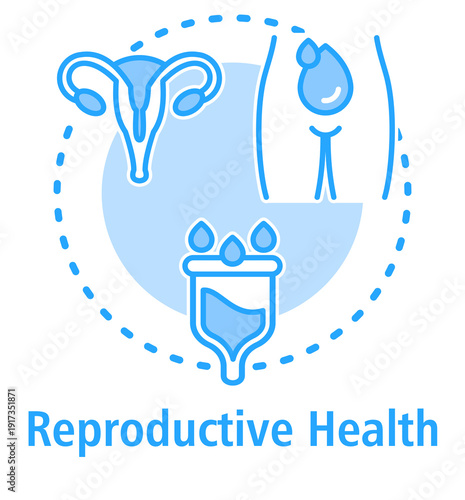 Reproductive Health blue concept icon with Uterus, Menstruation, Menstrual Cup.