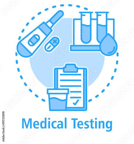 Medical Testing blue concept icon with Pregnancy Test, Blood Test, Urine Test.