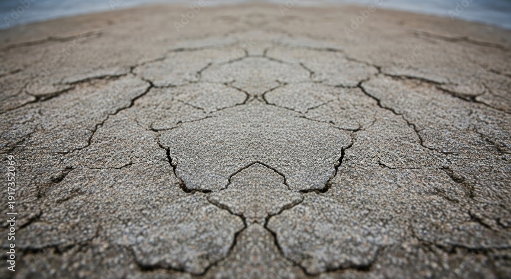 Obraz premium Cracked, textured ground stretches outward, mirrored at center, leading to a blurred horizon