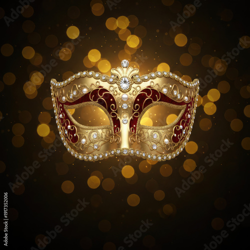 Golden masquerade mask with red and diamonds on black