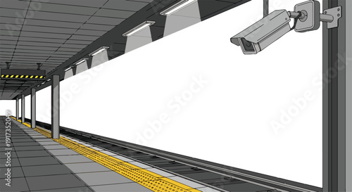 A CCTV camera mounted on a pole in a public area of a train station platform with a yellow safety line.