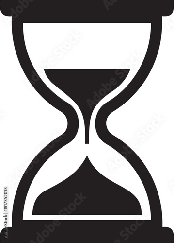 Hourglass vector icon representing time, deadline, and waiting concepts. Simple black silhouette design with sand flowing between two bulbs, isolated on a transparent background.
