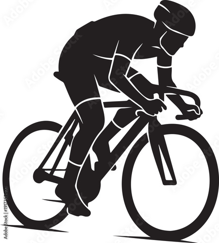 Silhouette vector illustration of a male cyclist riding a racing bicycle in a dynamic, low-profile position, wearing a helmet and cycling gear, isolated on a white background.