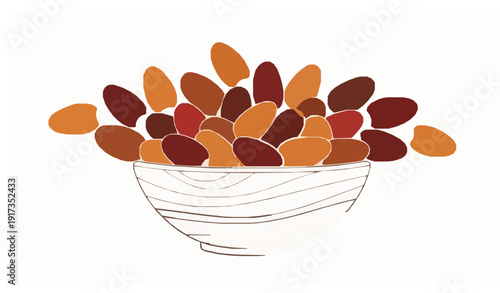 Decorative dates fruit wooden bowl vector sweet natural food illustration