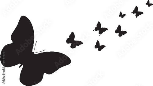 Black silhouette of a large butterfly with smaller butterflies flying away in a trail, isolated on a white background. This vector illustration depicts freedom, transformation, and movement.