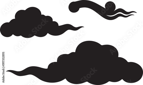 Three black Chinese cloud vector elements isolated on a white background. These stylized Asian-inspired cloud shapes are rendered in a flat, solid black silhouette style.