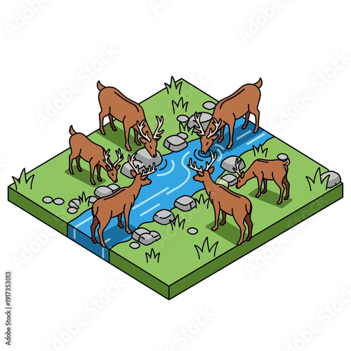 Group of deer drinking from a serene river in a lush green meadow.