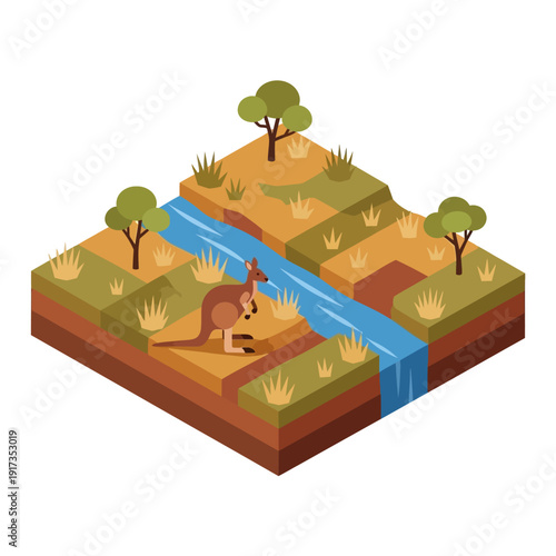 Isometric illustration of a kangaroo in a serene Australian outback landscape.