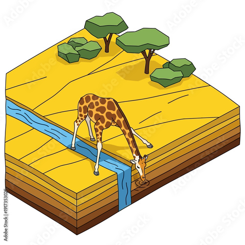 Giraffe Drinking Water from a River in a Savannah Landscape.
