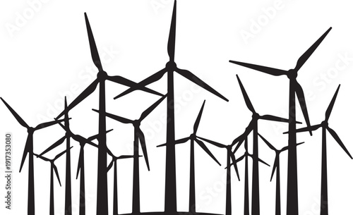 Wind turbines generating clean energy on a white background