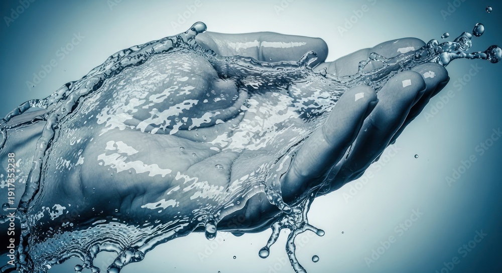 Obraz premium Hand cupped, holding flowing water with splashes against a gradient blue background