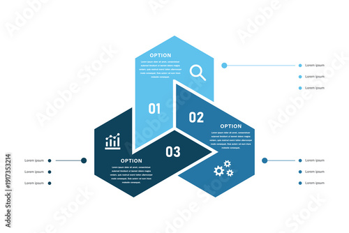 Interconnected hexagonal business infographic with 3 options and icons
