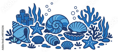 Cartoon line art sea life elements set featuring seashells, starfish, coral, and aquatic plants for underwater decoration