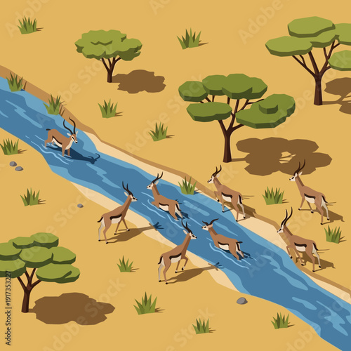 Group of antelopes crossing a river in a savannah landscape.