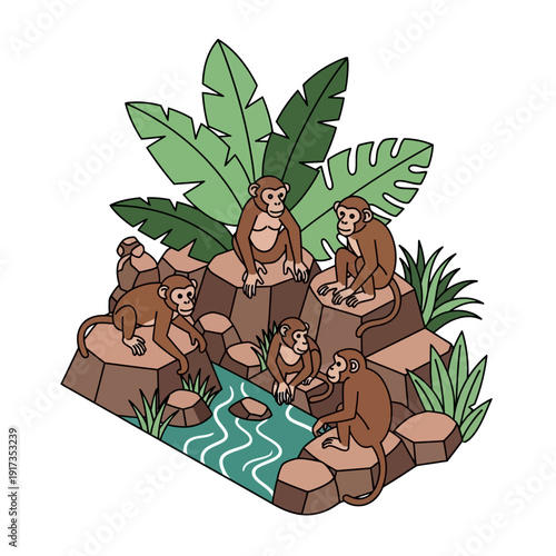 Group of cartoon monkeys in a jungle environment.