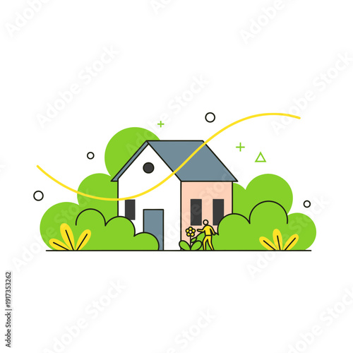 A small, light-colored house is surrounded by lush green bushes while a tiny figure tends to flowers near the foundation under a yellow curved line.