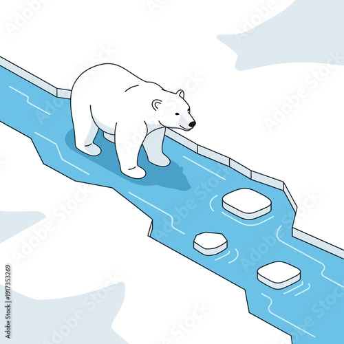 Polar bear standing on melting ice floe in the Arctic.