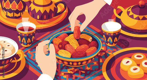 Traditional Iftar table with dates and tea flat vector illustration