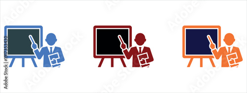 Businessman Giving a Presentation on Board Icons Set for Education and Training Vector Illustration.