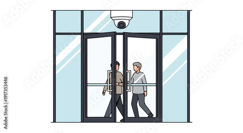 Illustration of two businesspeople walking through a public area with a CCTV camera mounted above the entrance.