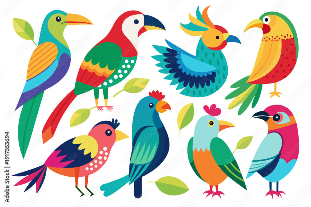 Obraz premium A colorful illustration of various birds and leaves on a white background