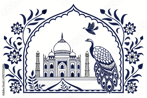 A vector graphic illustration of the Taj Mahal with a peacock and floral designs in a blue and white color scheme