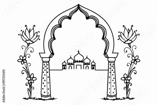 A minimalist line art illustration of an archway with a mosque in the background and lotus flowers on either side