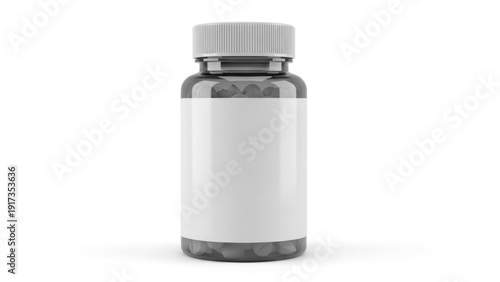 A sleek transparent pill bottle with a white cap containing small capsule supplements