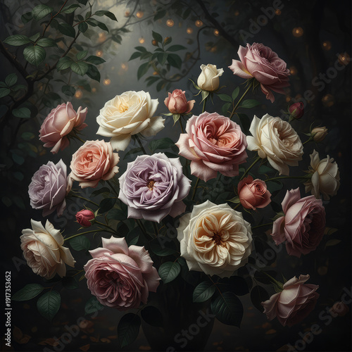 Vibrant roses in a magical forest setting with soft lighting