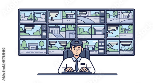 A security guard sits at a desk in a public area operating a large wall of CCTV monitors with a focused expression.