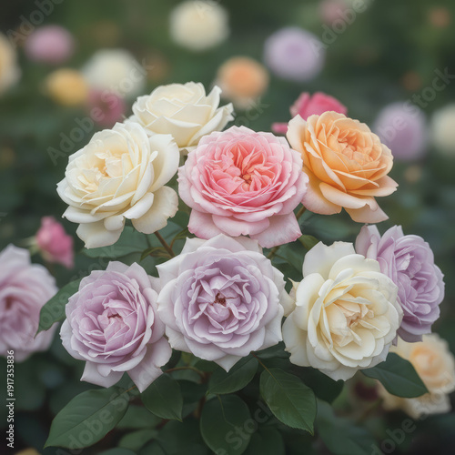 Vibrant roses in pastel shades bloom in lush garden setting
