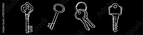 Set editable chalk drawing key icon vector for security themes. Ideal for blackboard privacy lessons and educational access graphics. Symbolizes unlocking knowledge and safety.