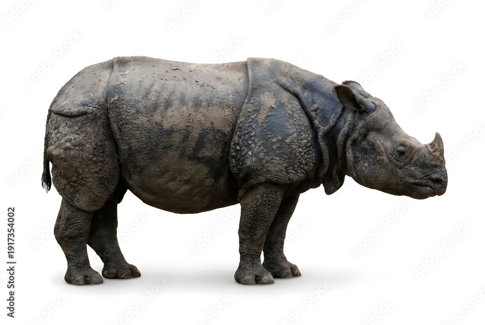 Fototapeta premium Javan Rhinoceros Full Body Profile Standing Hyper-Realistic With Leathery Skin Texture And Mud-Caked Charcoal Detail