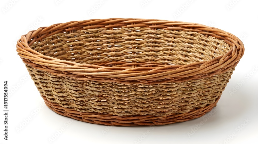 Obraz premium Traditional Woven Bread Basket Empty On White Background, Rustic Kitchen Storage Decor Product Photography