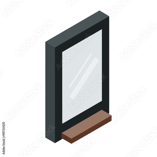 Isometric illustration of a modern window with a black frame and brown sill.