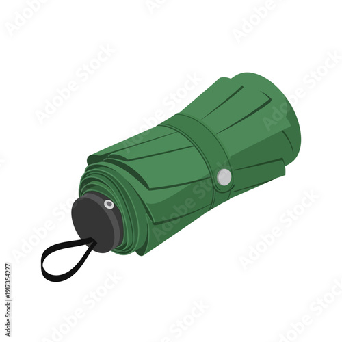 Compact green umbrella with strap and wrist loop.