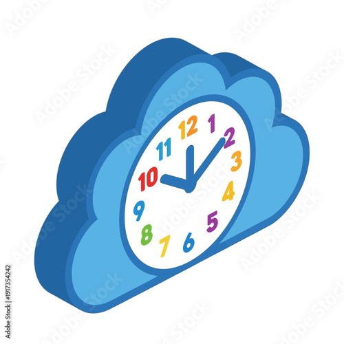 Cloud shaped clock with colorful numbers and blue hands.